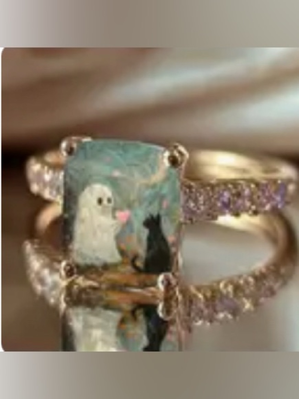 Gold-Tone Mint Green Ghost & Cat Decorative Ring - Picture 3 of 3